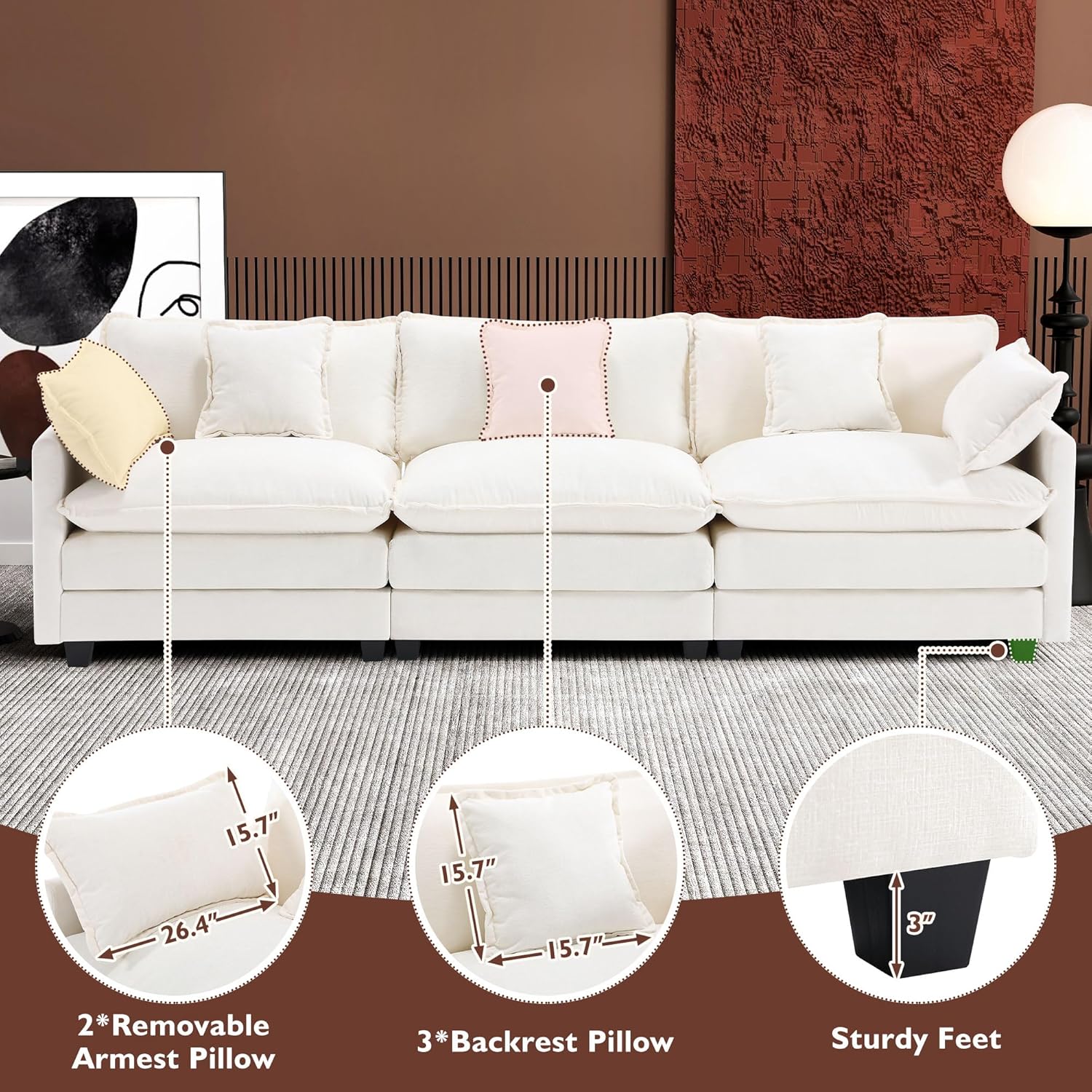 111.4 Inch L Shaped Modern Sofa Modular Cloud Sofa with Ottoman 4 Seater Chenille Deep Seat Sofa