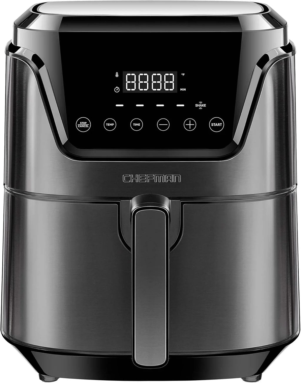 Chefman 6-Quart Double Basket Air Fryer with Easy View Window uses two separate 3-quart nonstick pans.