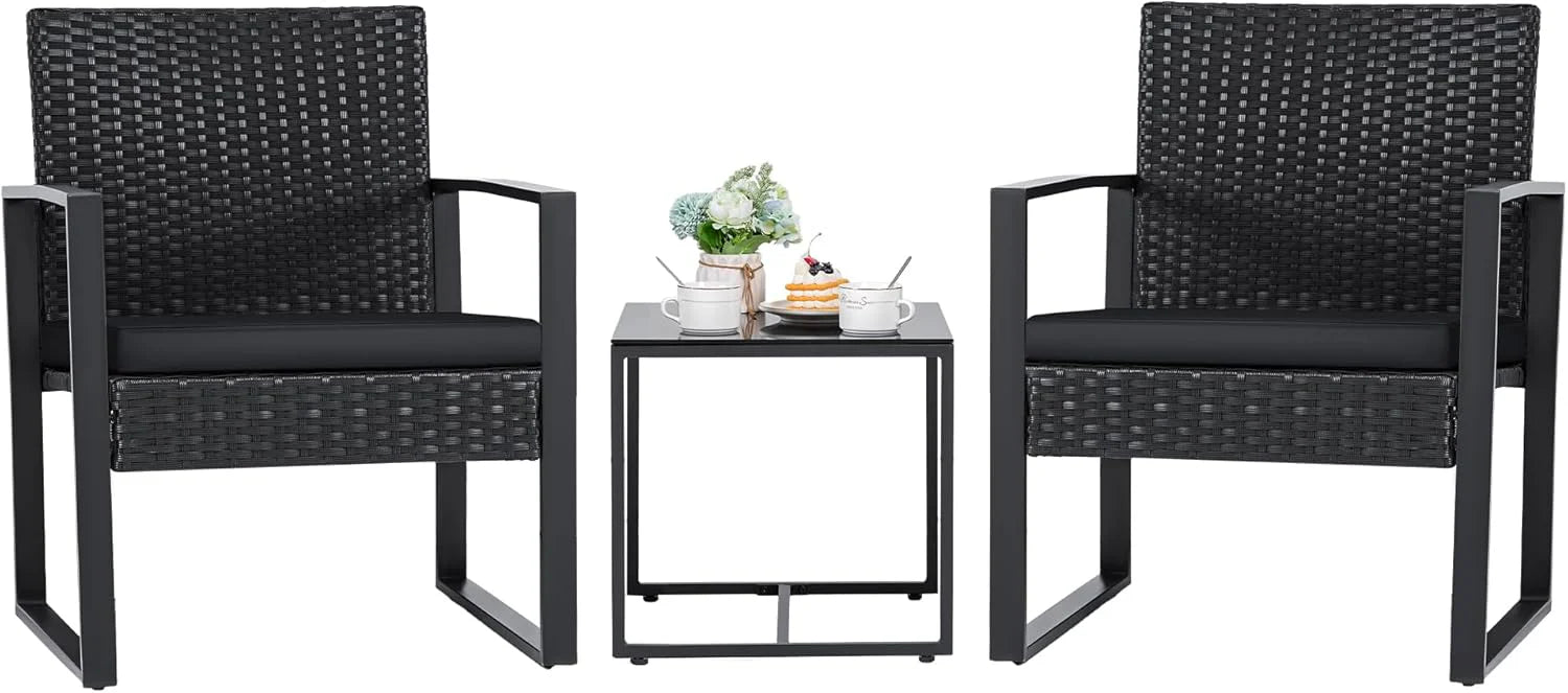 Flamaker 3 Pieces Outdoor Patio Wicker Furniture Set, Modern Rattan Chair Conversation Sets with Coffee Table for Yard and Bistro (Black)