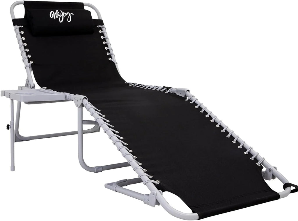 2 Pack Outdoor Chaise Lounge Chair - Portable Folding Patio Pool Lounge Chair, 5 Positions Adjustable Reclining Camping Chair with Side Table,Shoulder Strap, Pillow for Beach Sunbathing Lawn