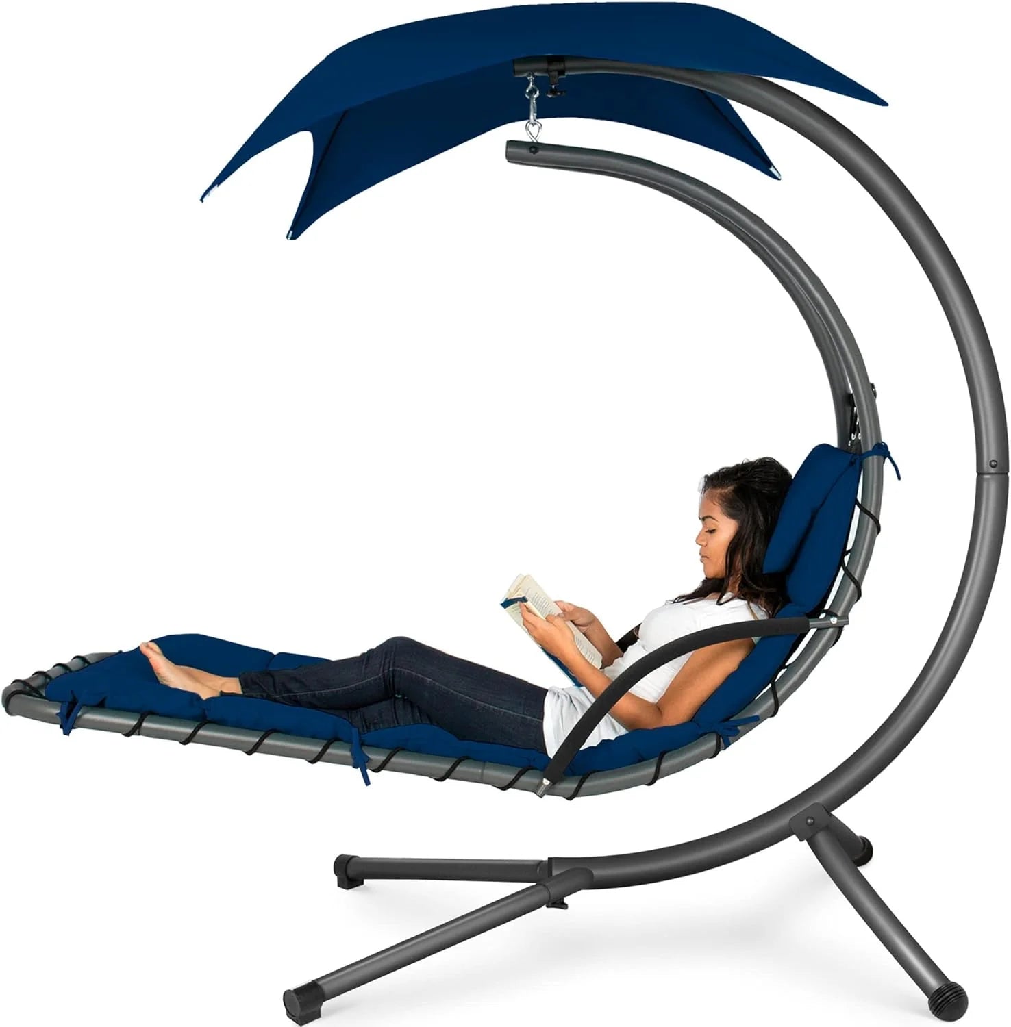 Best Choice Products Outdoor Hanging Curved Steel Chaise Lounge Chair Swing w/Built-in Pillow and Removable Canopy - Charcoal Gray