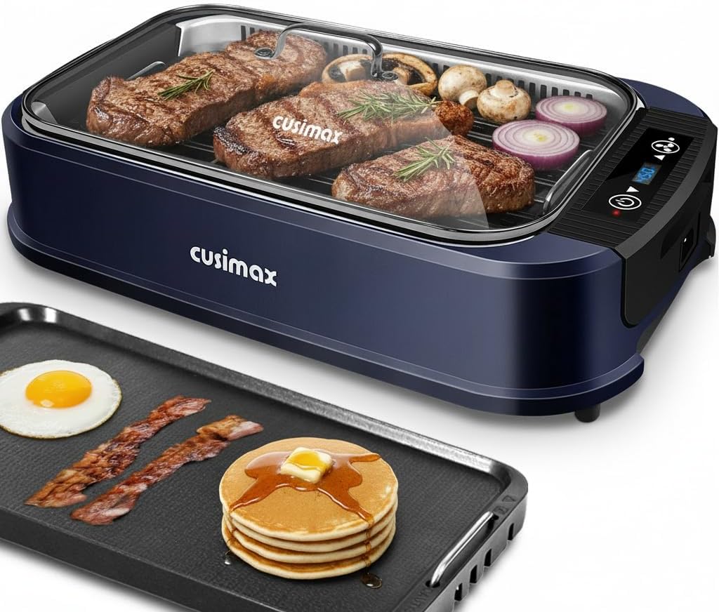 Indoor Grill CUSIMAX Electric Smokeless Grill Portable Korean BBQ with Turbo Smoke Extractor Technology, Non-stick Removable Plate, Tempered Glass Lid, Great for Party(Single Plate)