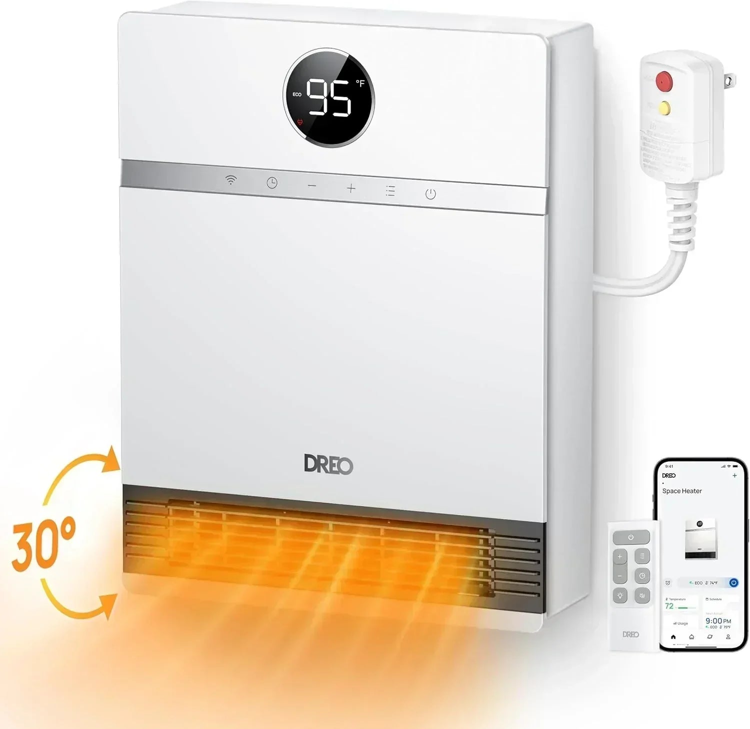 Smart wall-mounted heater for indoor use with adjustable thermostat and remote control