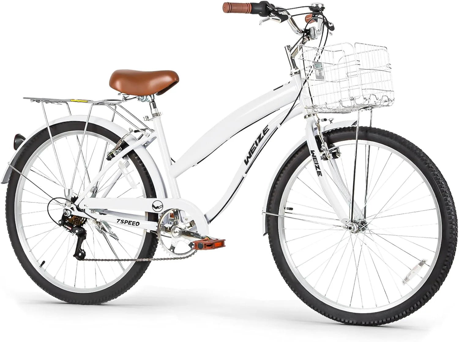 WEIZE Beach Cruiser Bike, 26 inch Commuter Bicycle for Adult Men and Women, 7-Speed/High-Carbon Steel/Front & Rear Fenders, Comfortable City Bikes with Rear Rack or Basket, Ergonomic Upright Design