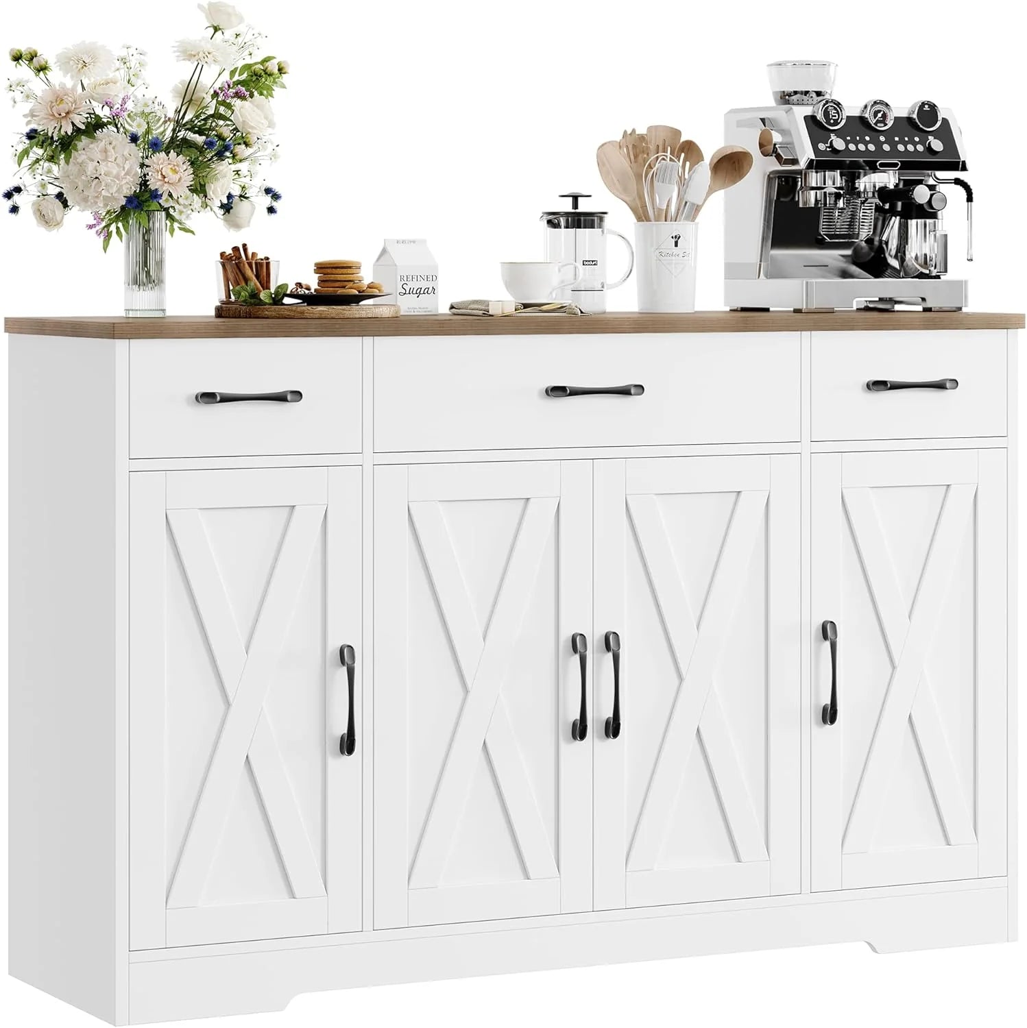 Sideboard with drawers, large 55-inch sideboard, sideboard storage with shelves and doors, modern farmhouse coffee bar wood kitchen dining table
