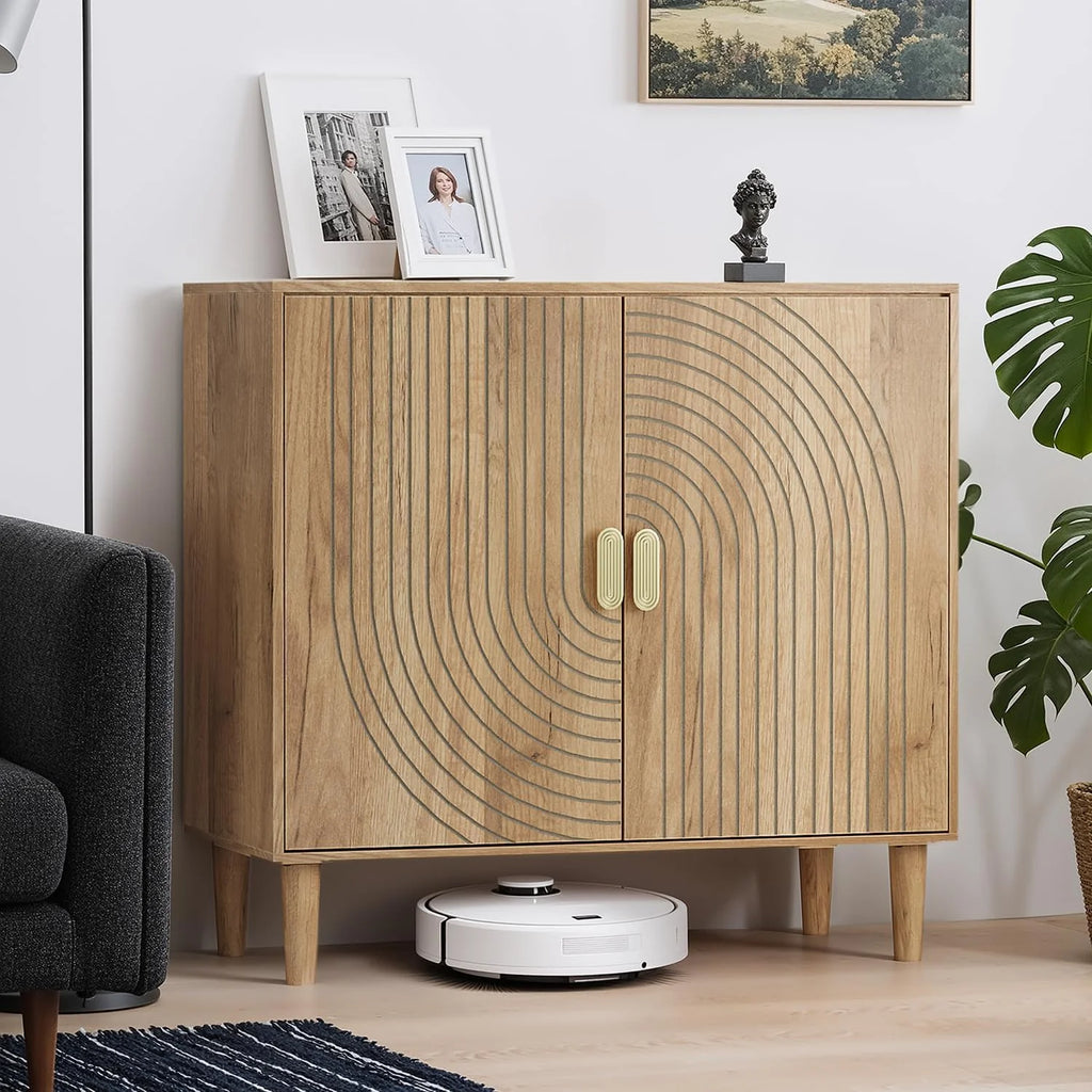 Smuxee Walnut Sideboard Cabinet, Freestanding Buffet Cabinet with Line Groove Design