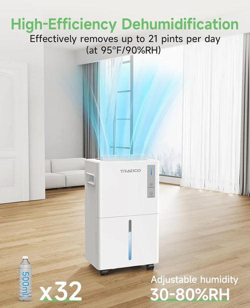 1500 Sq.ft Dehumidifier for Basement 21 Pint Dehumidifiers for Home Large Room with Drain Hose, Smart Humidity Control, 3 Modes, 24H Timer, Auto Defrost, Ideal for Bedrooms, Bathroom, White